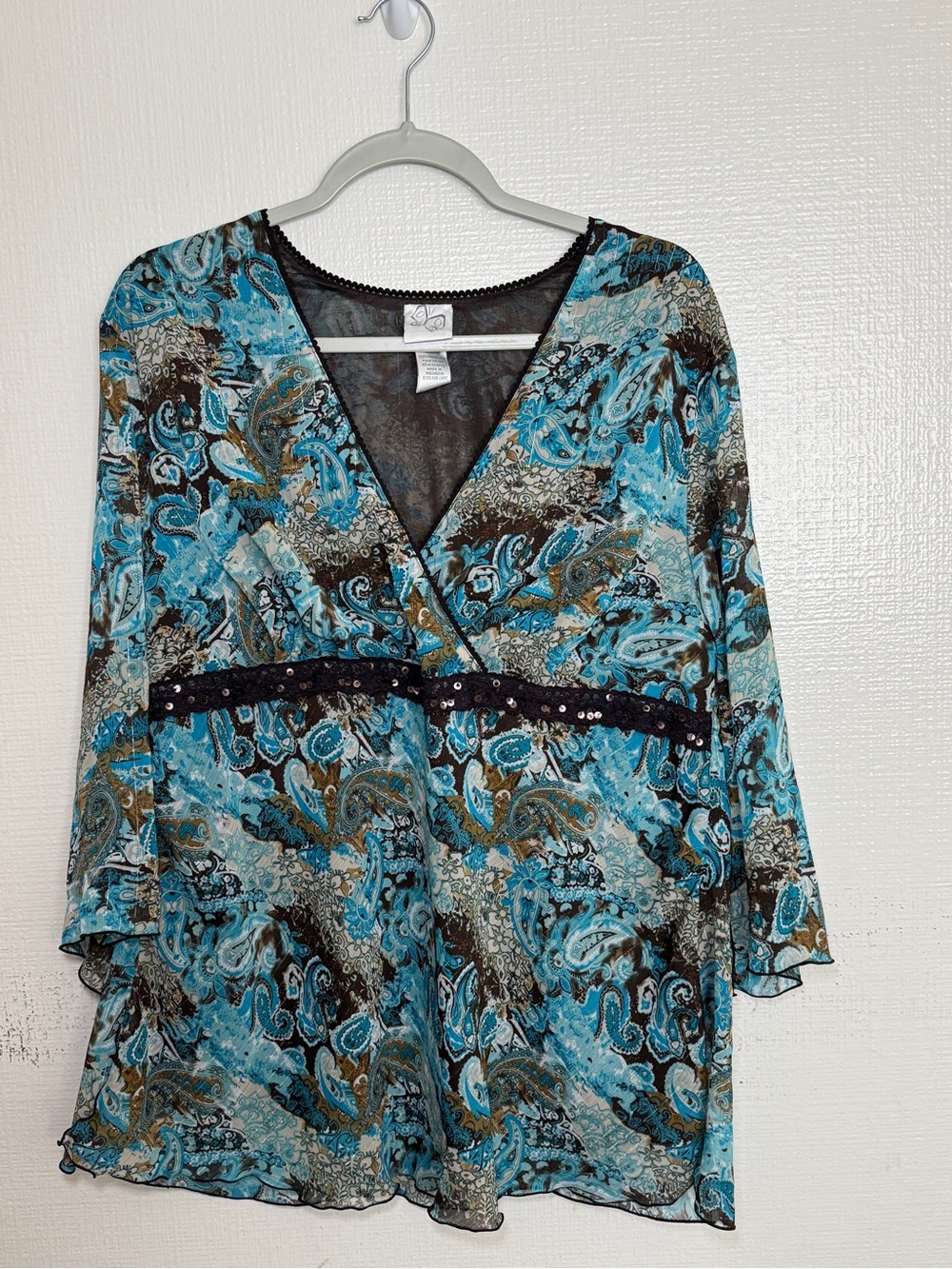 Fashion Bug Women’s Teal Paisley V-Neck Blouse with Sequin Waist